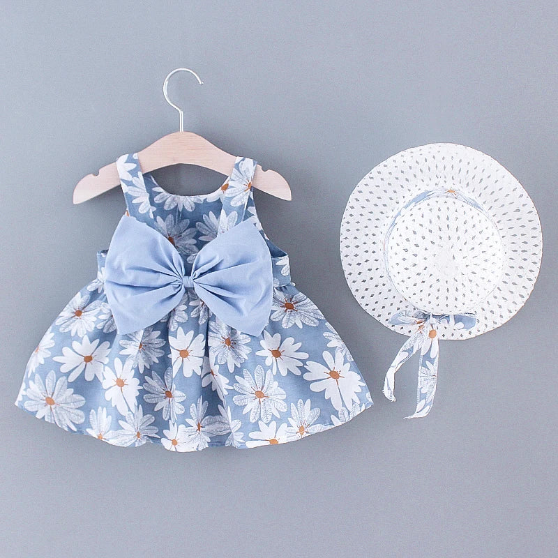 Baby Girl Dress Summer Bow And Full Print Daisy Pattern Suspender Beach Baby Dresses Cute Casual Baby Girl Clothes With Hat Quick Pick Grocers
